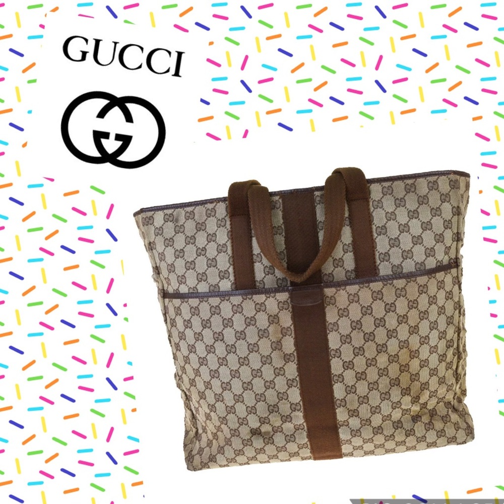 👜 GUCCI Tote Logo Canvas Leather Brown GG Bag